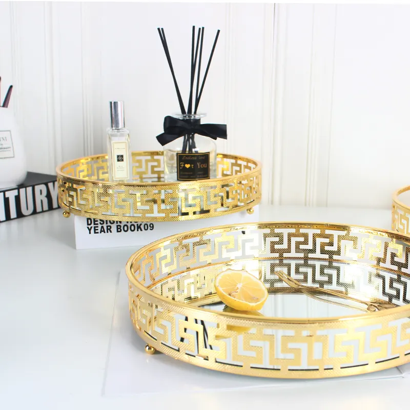 Factory New Arrival Wholesale Home Decor Wedding Luxury Round Metal Glass Mirror Makeup Jewelry Display Tray