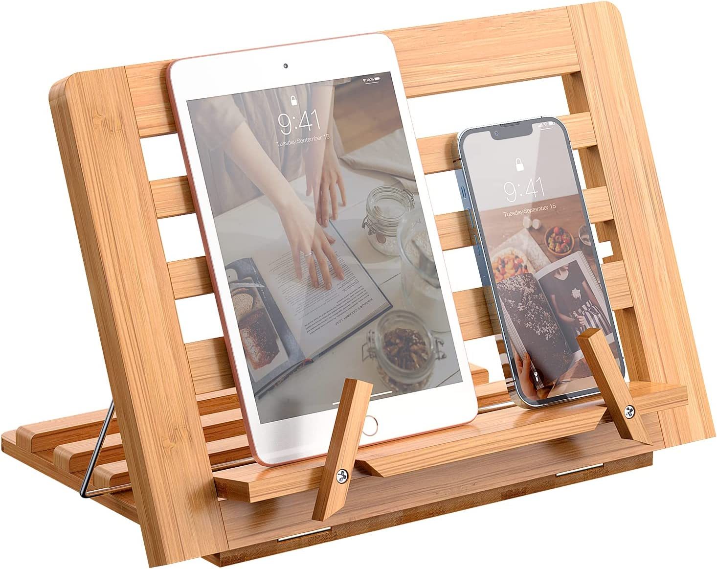 Wooden Book Holders for Reading , Bamboo Cookbook Stand for with Page Paper Clips