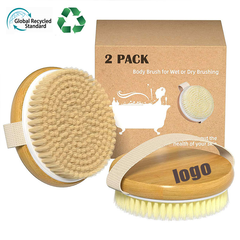 Eco friendly GRS certificated RPET Custom Logo Natural Bristles Recycled Wooden Bamboo Body Scrub Shower Bath Brush