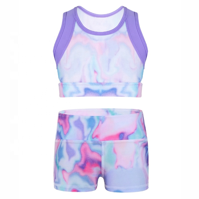 Kids Girls Colorful Stretchy Sleeveless Tanks Crop Top And High Waist Dance Shorts Bottoms Sports Gymnastic ballroom Costume
