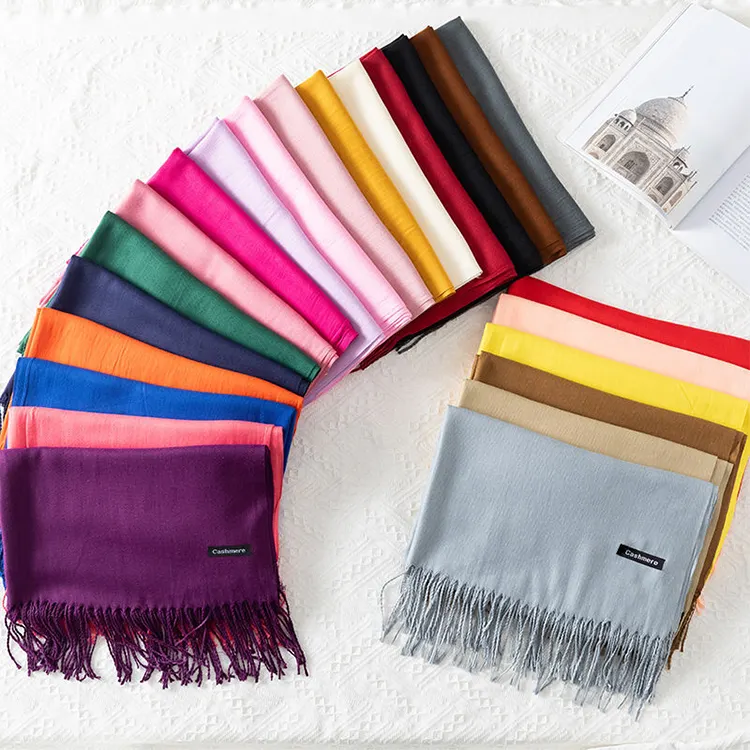 OEM Wholesale pure color soft long tassel fringed warm shawl fashion winter women cashmere scarf
