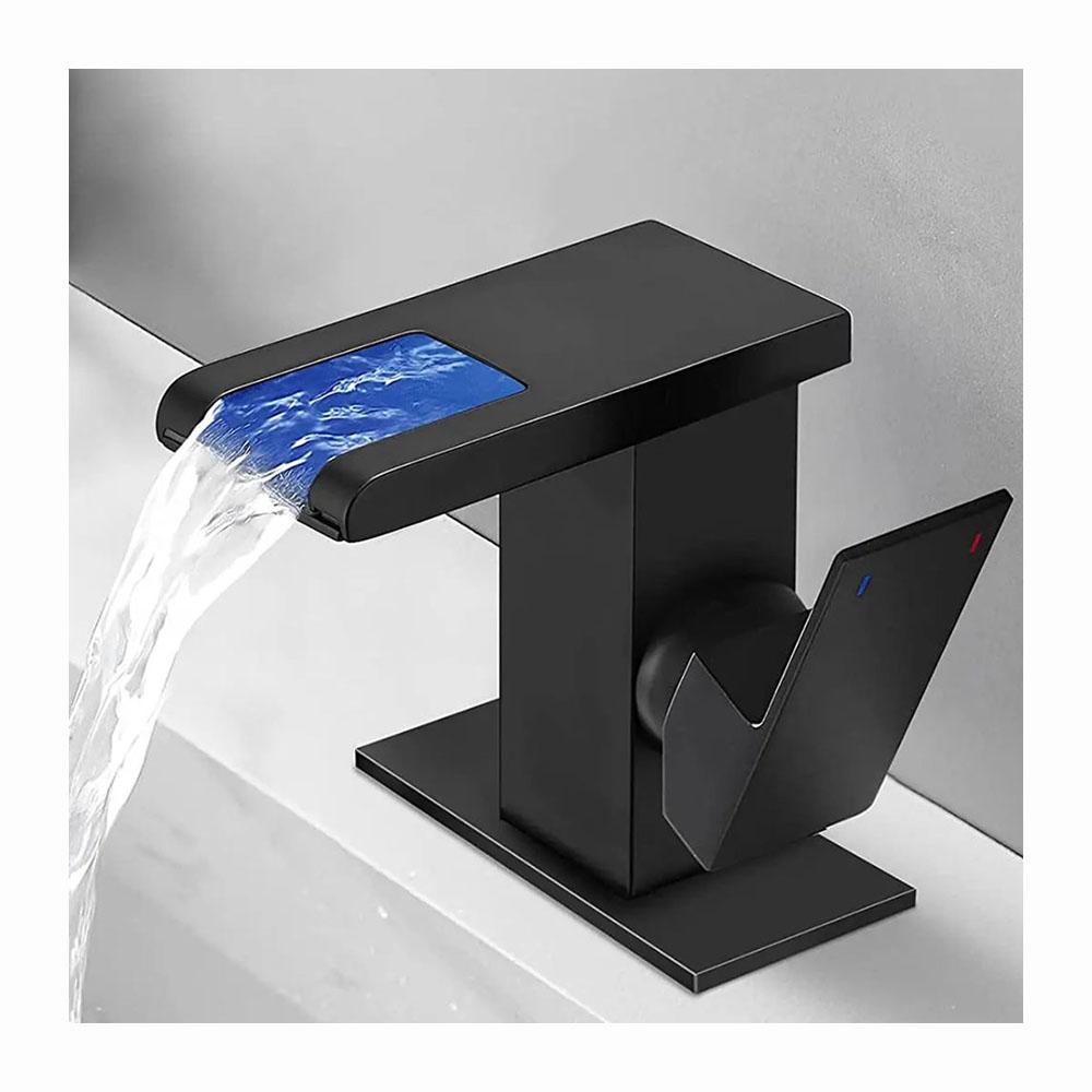 FLG LED Solid Brass Waterfall Black Single Hole Bathroom Sink Faucet 3 Colors Light Changing Single Handle Vanity Faucets