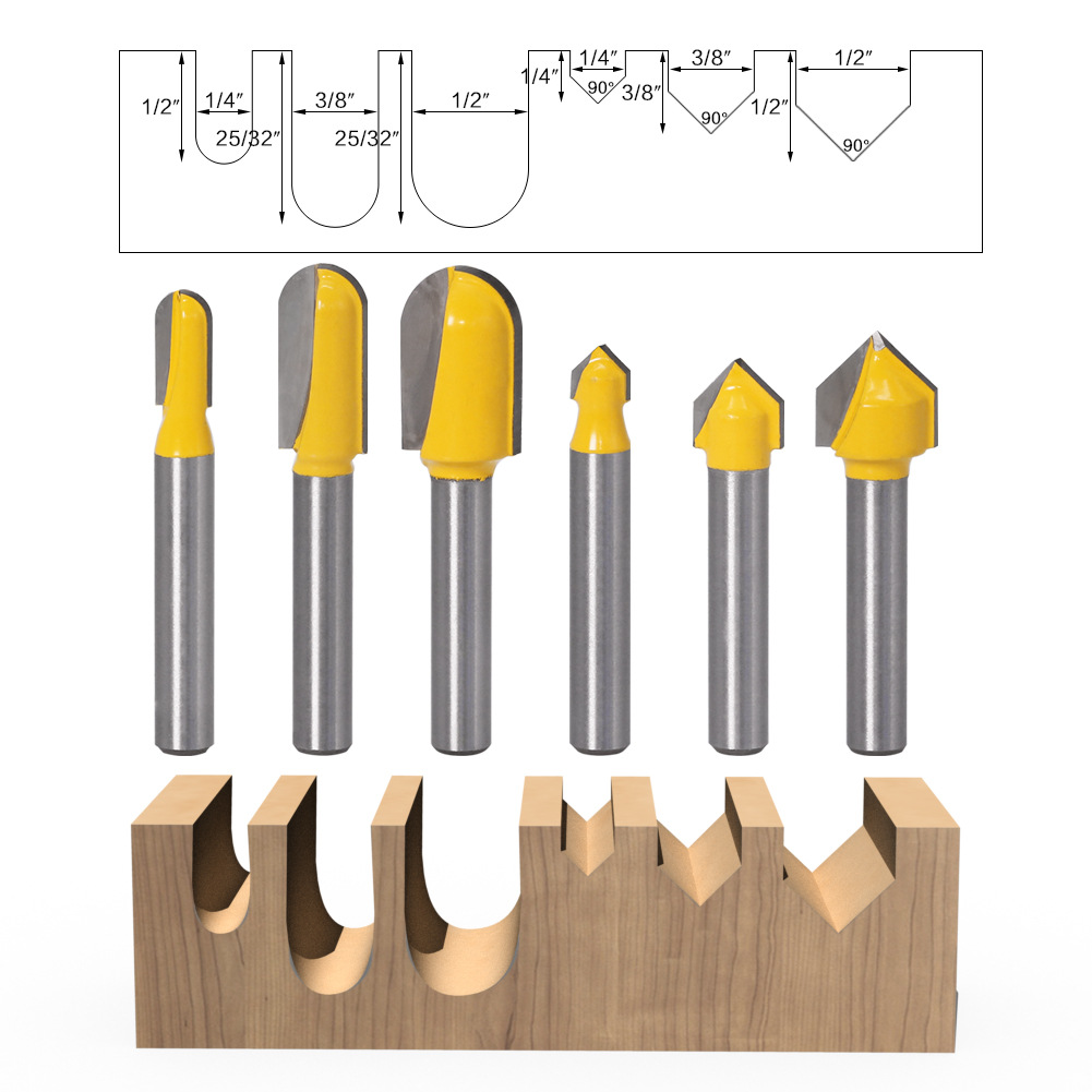 6pcs 6mm Shank Router Bits Set round nose bit 90 Degree V-Groove Bit For Woodworking Tools