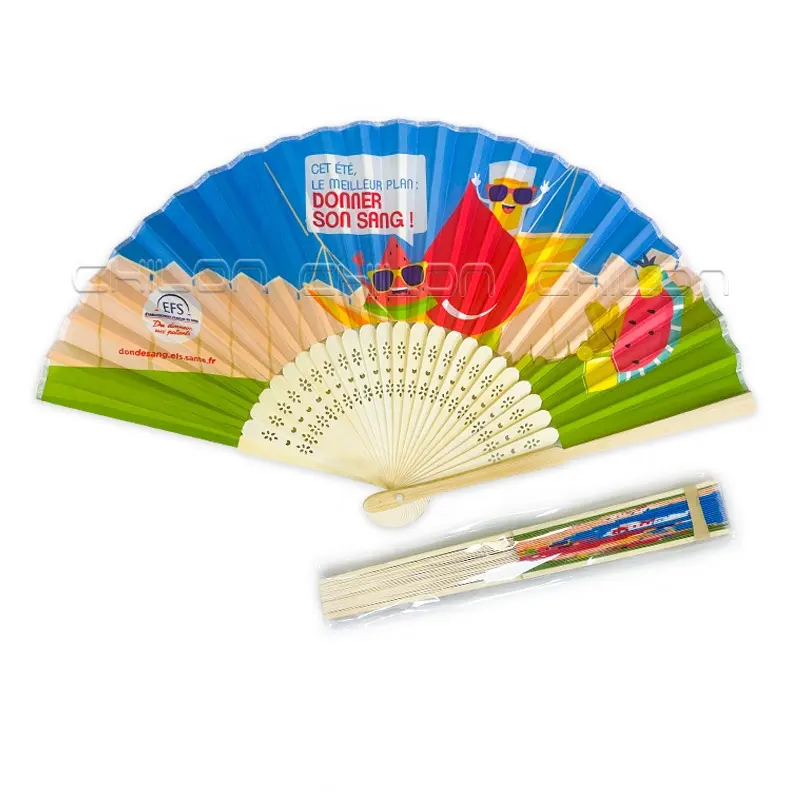 Personalized 8 inch bamboo customized hand fan with fabric printing for lady