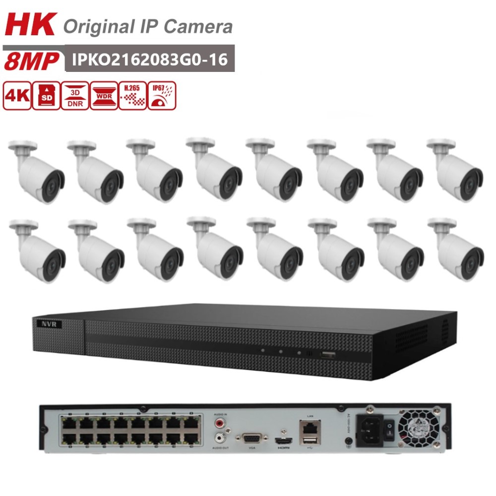 HK Оригинал 16 шт. 8MP IP камеры 16CH NVR CCTV система 4K с фиксированным фокусом пуля сетевая камера день и ночь ИК фильтр WDR 120dB
