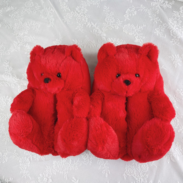 Fashion Design Winter Women Girl Fur Shoes Cute Cartoon Animal Teddy Bear Warm Slippers Bedroom Soft Fur Slipper