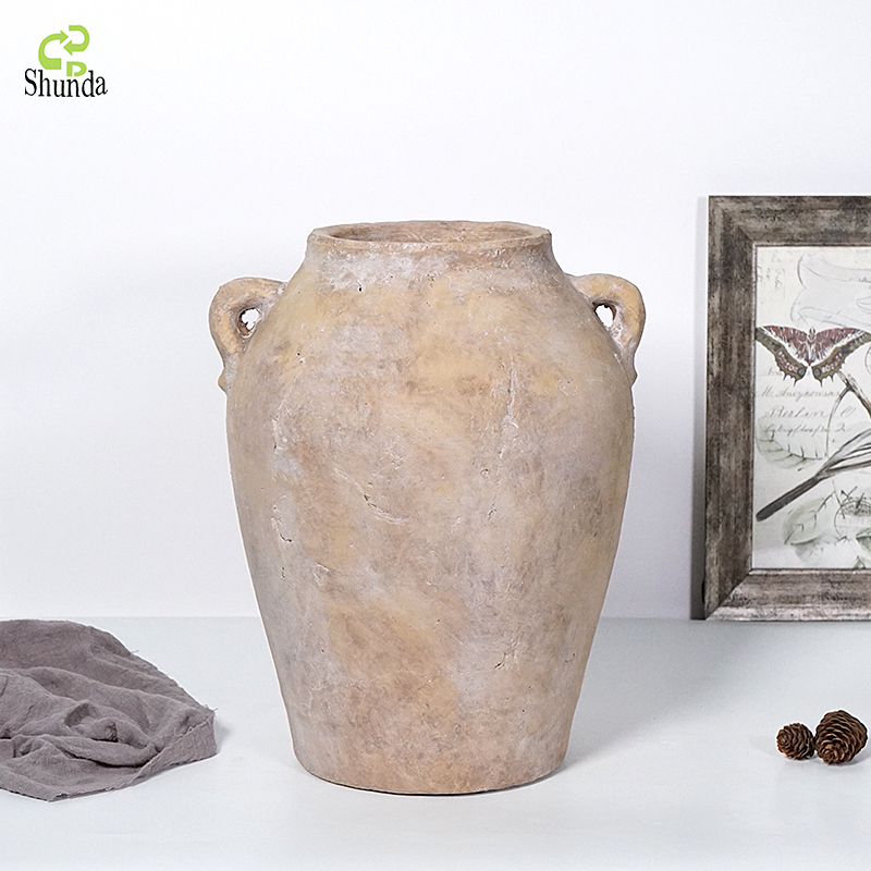 Rustic Terracotta Vase Stone Abstract Flower Arranger Table Top Vintage Ornament Living Room Flower Vases for Home Decor