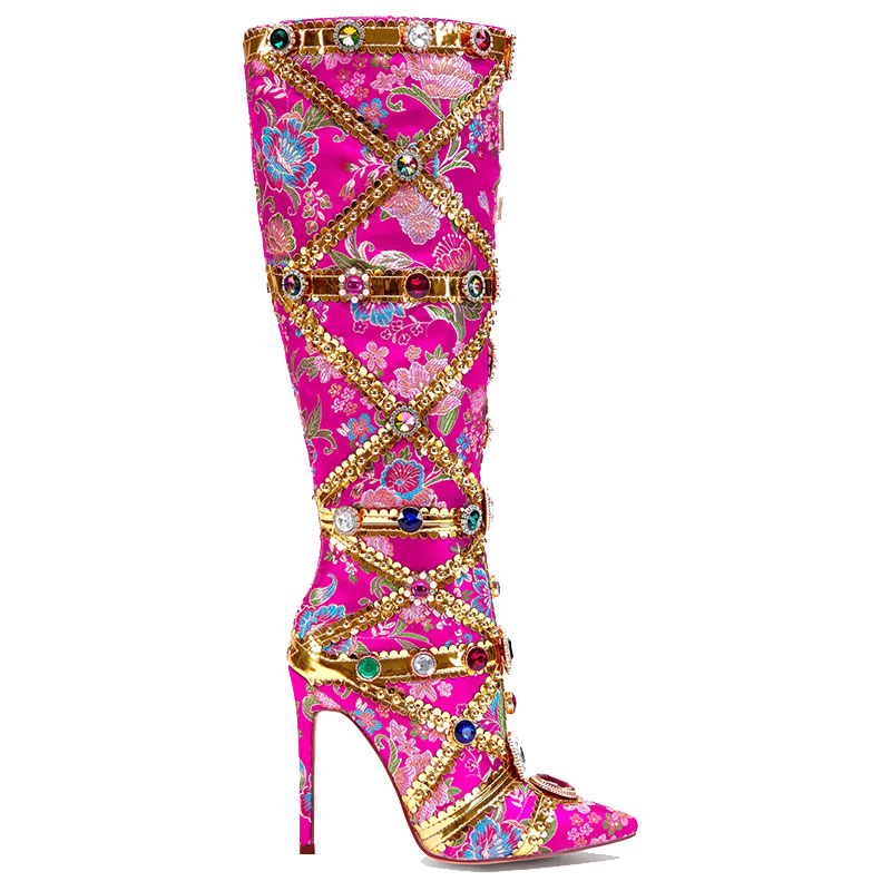 Colorful Diamonds Women's Knee High Print Boots Pointed Toe Metal Decor Glitter Long Booties Embroidered Slip On Stiletto Heels