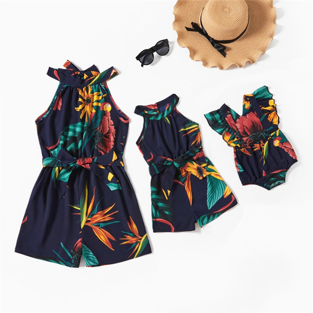 Woman Floral Print Summer Mother And Daughter Clothes Sleeveless Mommy And Me Outfits Matching Family Apparel Rompers