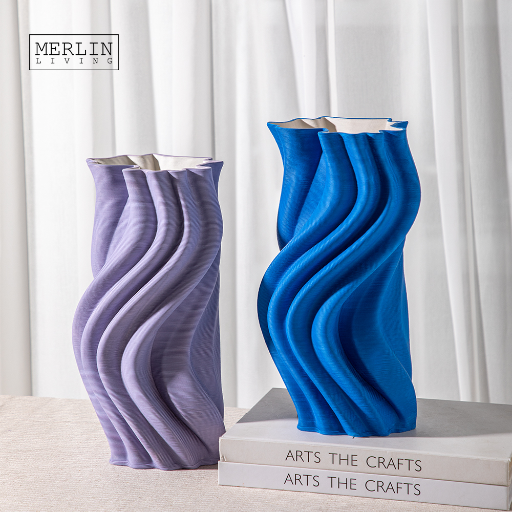 Merlin Living 3D Printing Vase Decoration Modern Abstract Curved River Ripple Nordic Vase Chaozhou Ceramic Factory Custom OEMODM