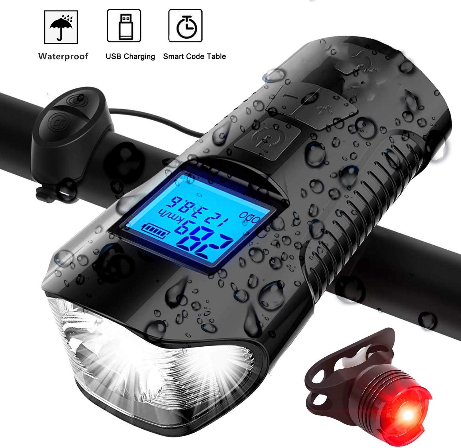 USB Bicycle Horn Light Battery Lamp & Bike Computer 6 Horn Flashlight Speed meter Bicycle Light