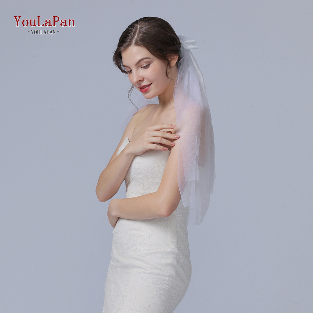 YouLaPan V16 Pearl Bow Wedding Veils Bridal Long Lace Pearl Bow Short Veil Wedding Dress Accessories Double Layer Bride Vei