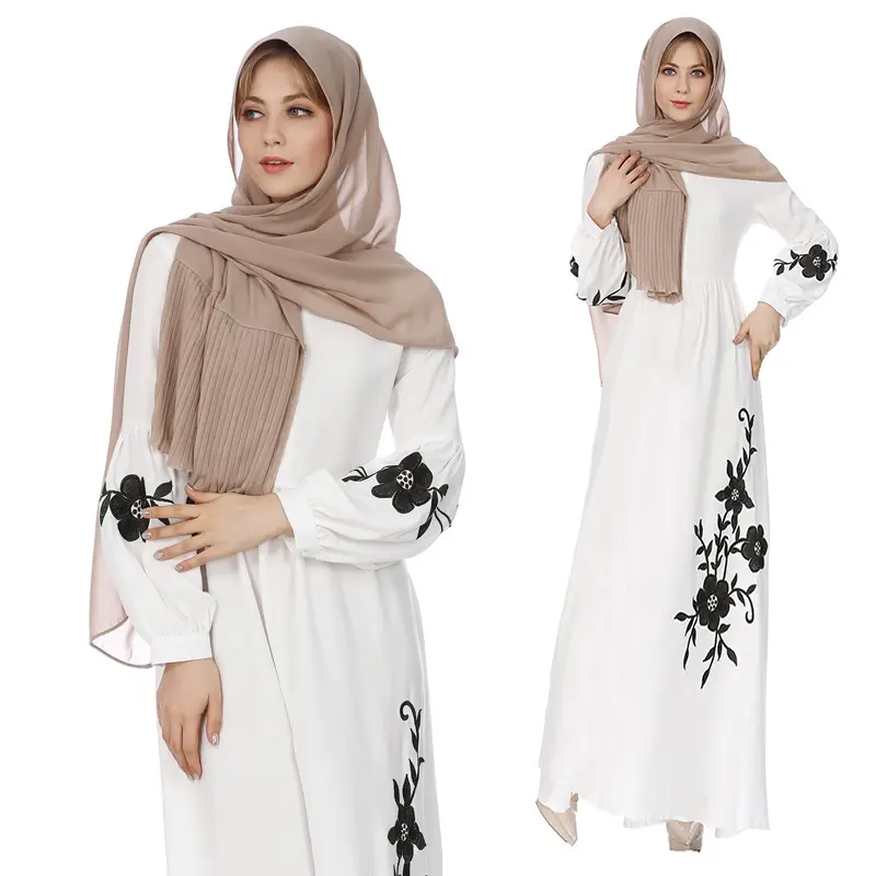 Turkish Crew Neck Embroidery Flower Dress Clothing Fine Middle East Islam Chiffon Printed Lantern Sleeve Muslim Abaya Maxi Dress