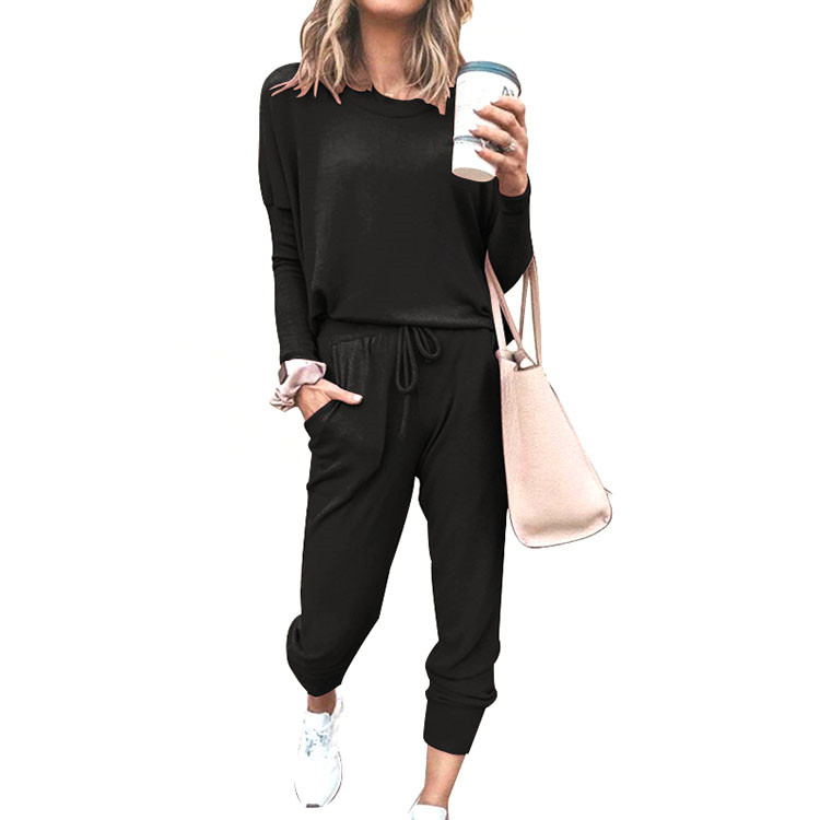 Custom Logo Long Sleeve Tops With Pants Lounge Sets Women's Crew Neck Two Piece Sweatsuit