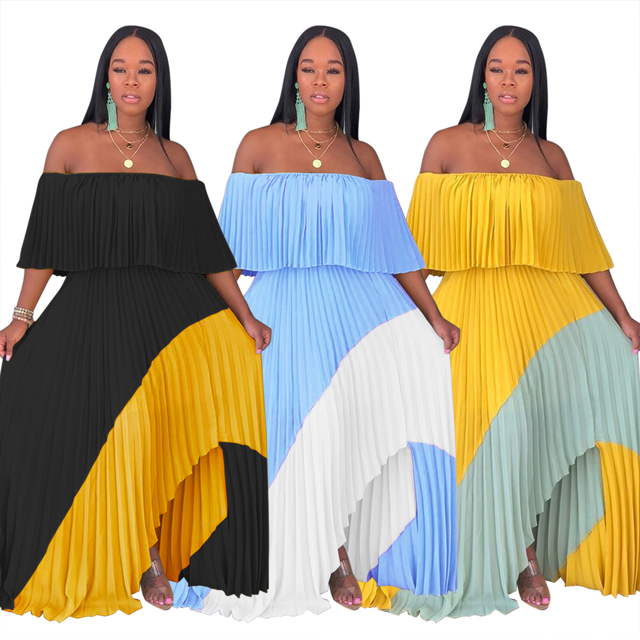 Drop Shipping Off Shoulder Pleated Cheap Evening Dress Party Ladies Clothes Summer Sexy Patchwork Long Casual Prom Dress