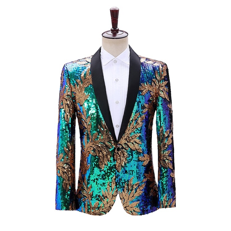 Gold Leaf Print Dress Lapel Single Breasted Suit Stage Dance Costume Blazer with Glitter and Sequin for Men