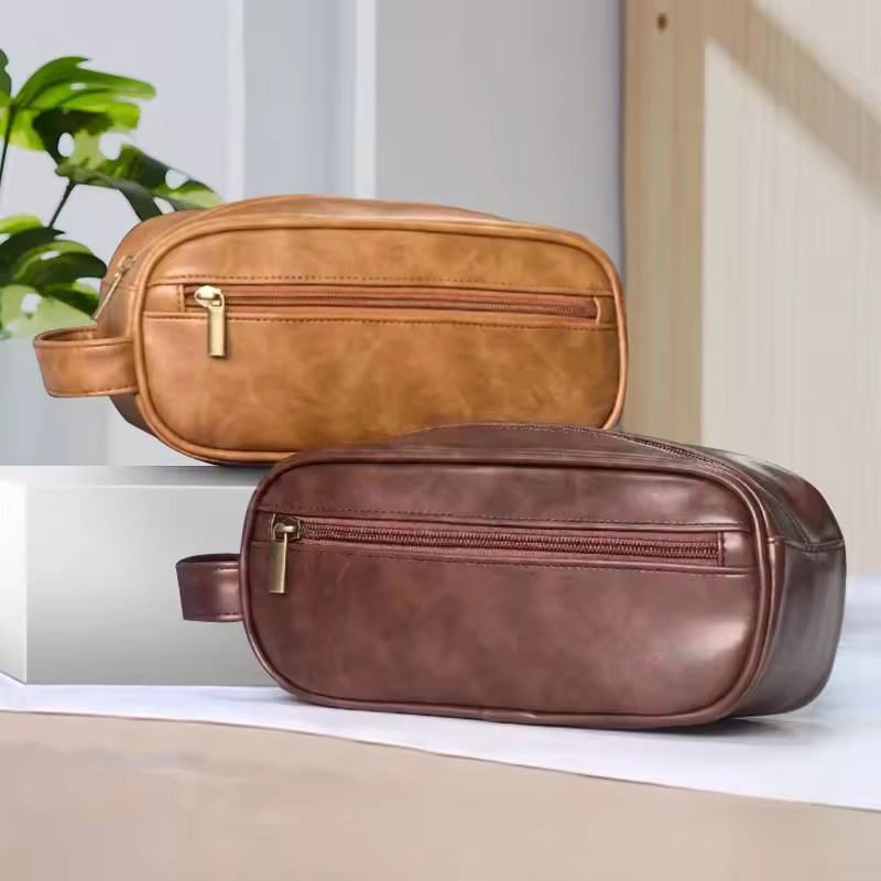 Large Capacity PU Leather Men's Travel Makeup Bag Fashionable Logo Outdoor Cosmetic and Toilet Supplies Portable Wash Bag