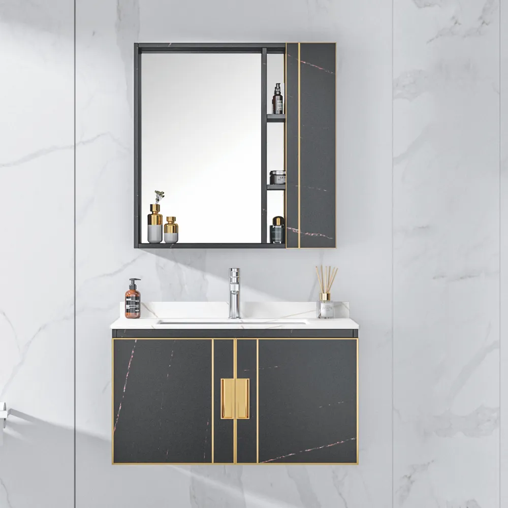 Bathroom Vanities KBV-3951 Modern Wall Mounted Black Plywood Bathroom Vanities Cabinet With Mirror Bathroom