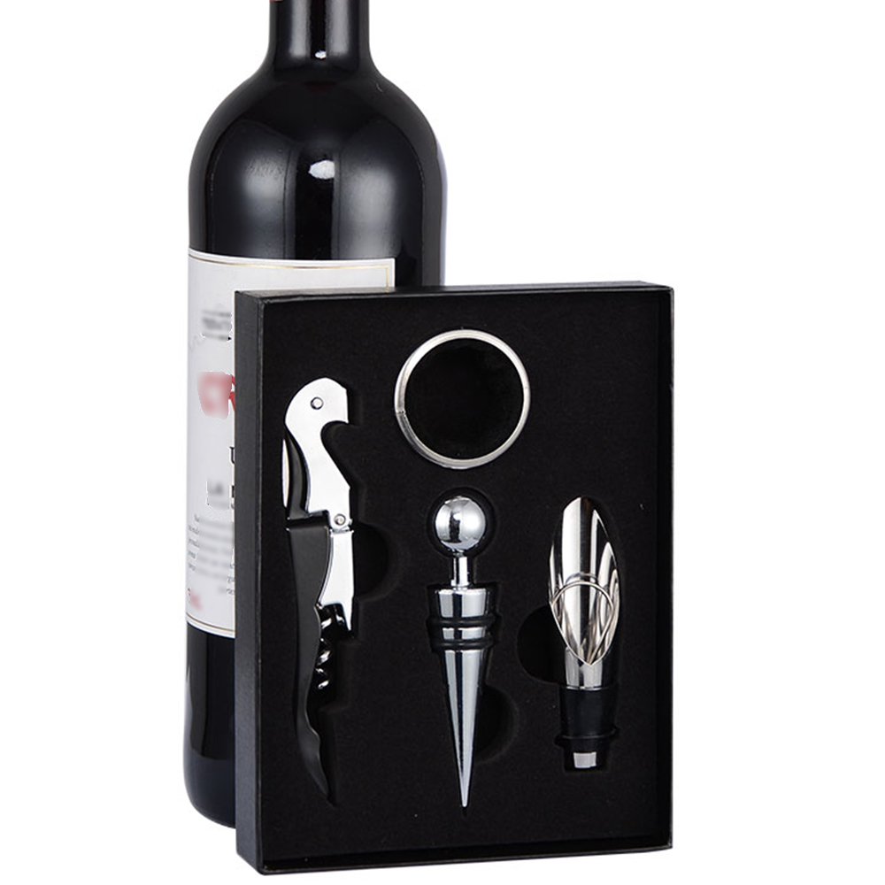 KLP Wholesale 4 pieces metal wine accessories set red wine bottle corkscrew opener gift sets with classic black box