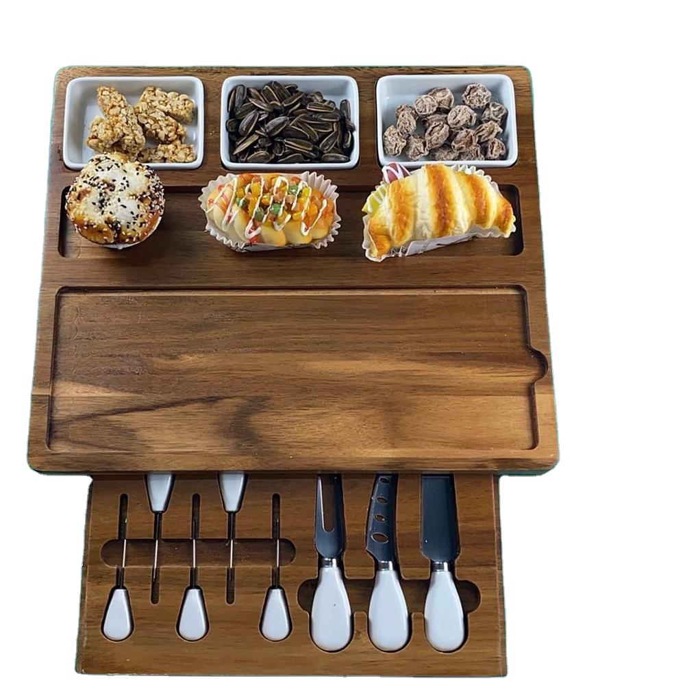 Acacia Wood Cheese Board With 7 Piece Stainless Steel Cutlery Set