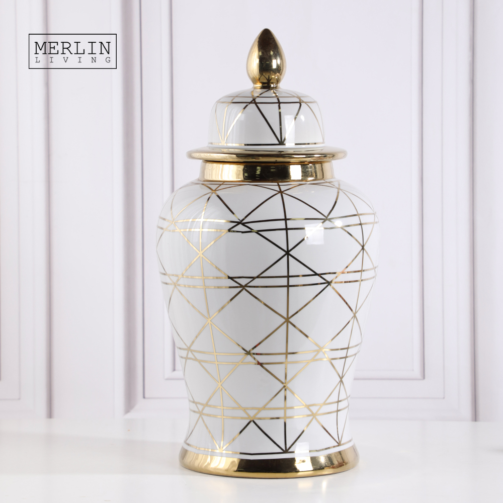 Белая Имбирная банка Merlin из керамики с золотой полосой, Роскошный домашний декор для золотой вазы