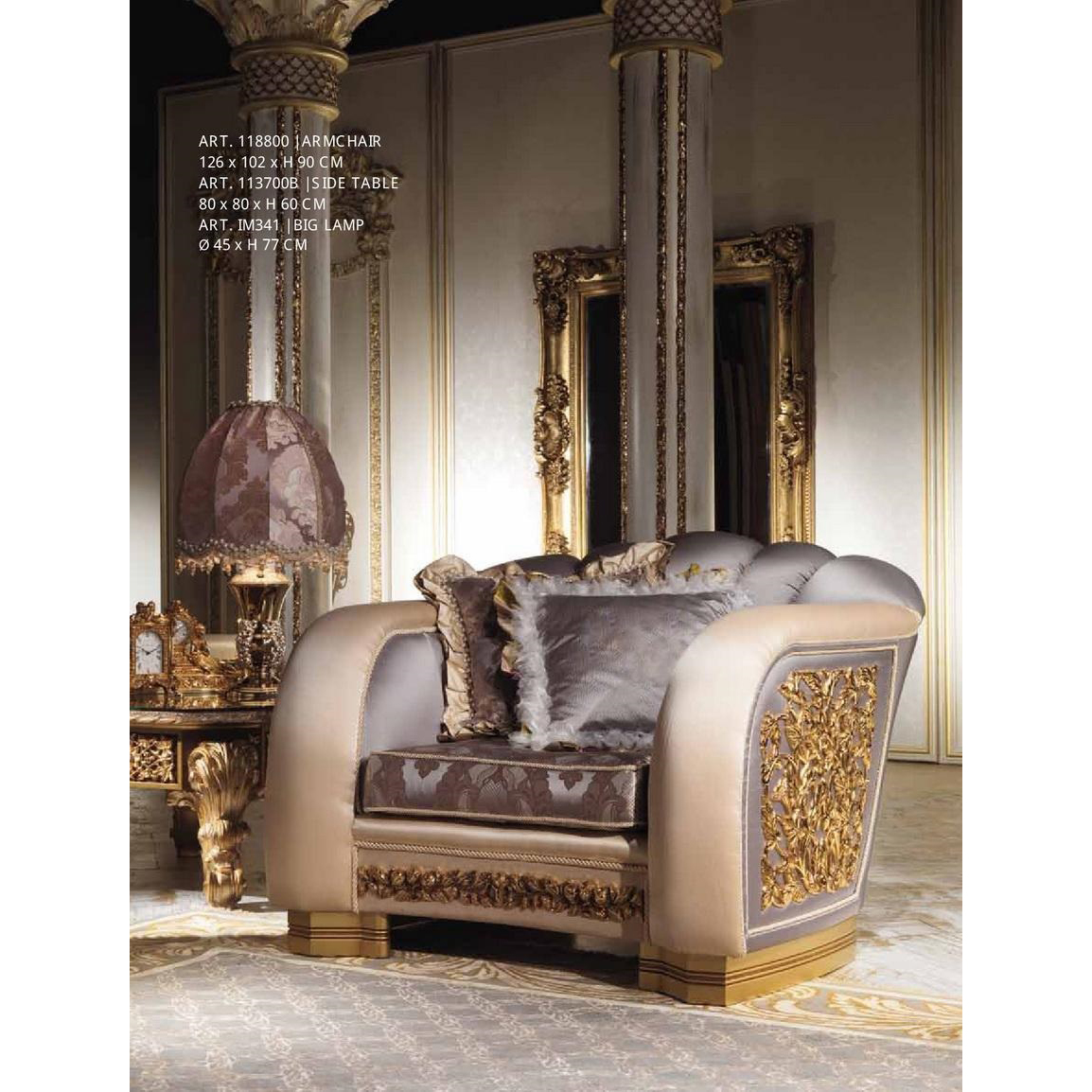 French High End Wooden Hand Carved Gold Plated Beige Fabric Sitting Room Single Sofa Arm Chair