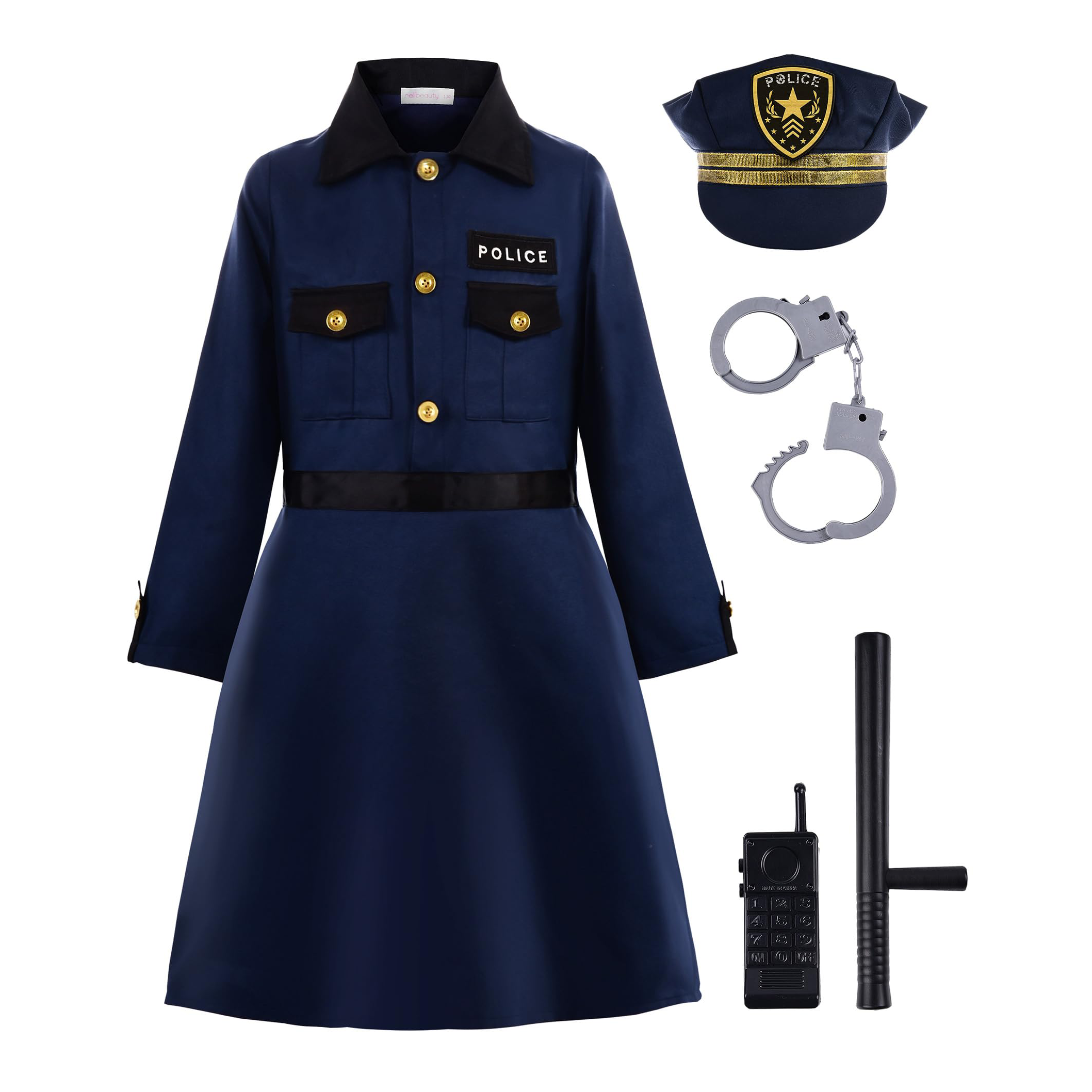 Kids Cop Uniform Deluxe Police Officer Costume Set Girls Halloween Cosplay Uniform Dress with Hat Handcuffs Baton Walkie Talkie