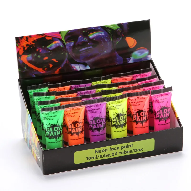 24 Tubes 10ml Art Body Paint Glow in Dark or UV Light Face & Body Paint with 8 Colors Glow Blacklight for party or anniversary