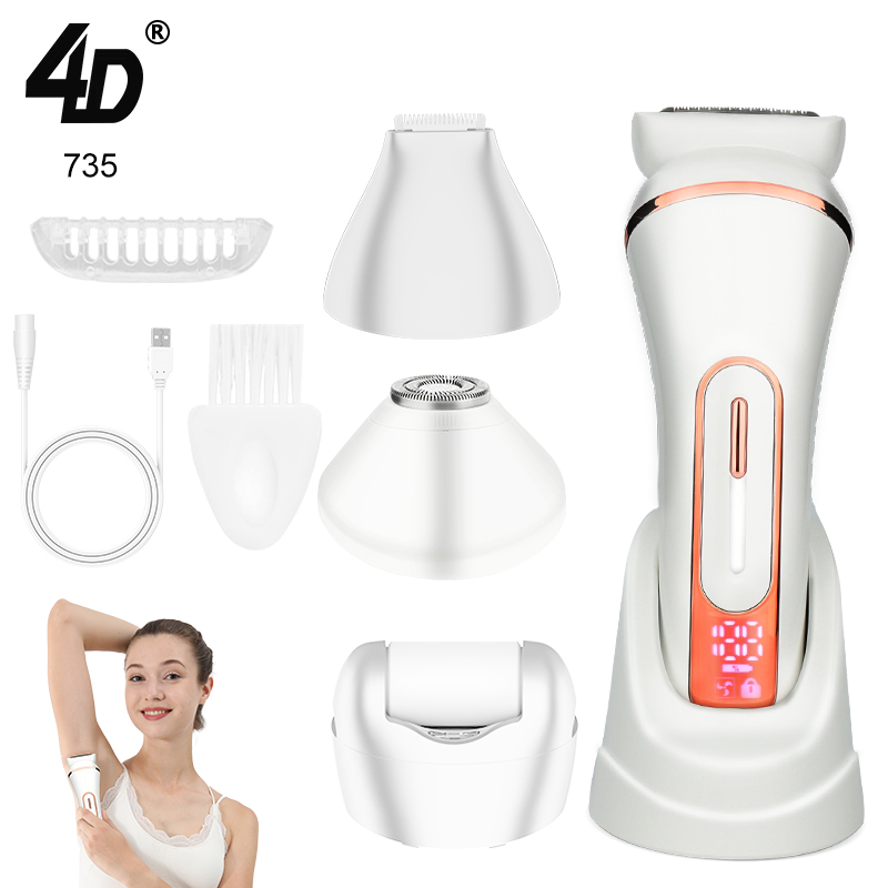 4D 735 Lady Hair Shaver 4 In 1 Kit IPX7 Waterproof Body Hair Trimmer And Foot Grinder With Stand Charger For Women