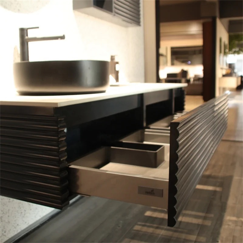 Custom Multi-Layer Bathroom Cabinet Solid Wood Luxury Slat Panel Design Lacquer Bathroom Vanity