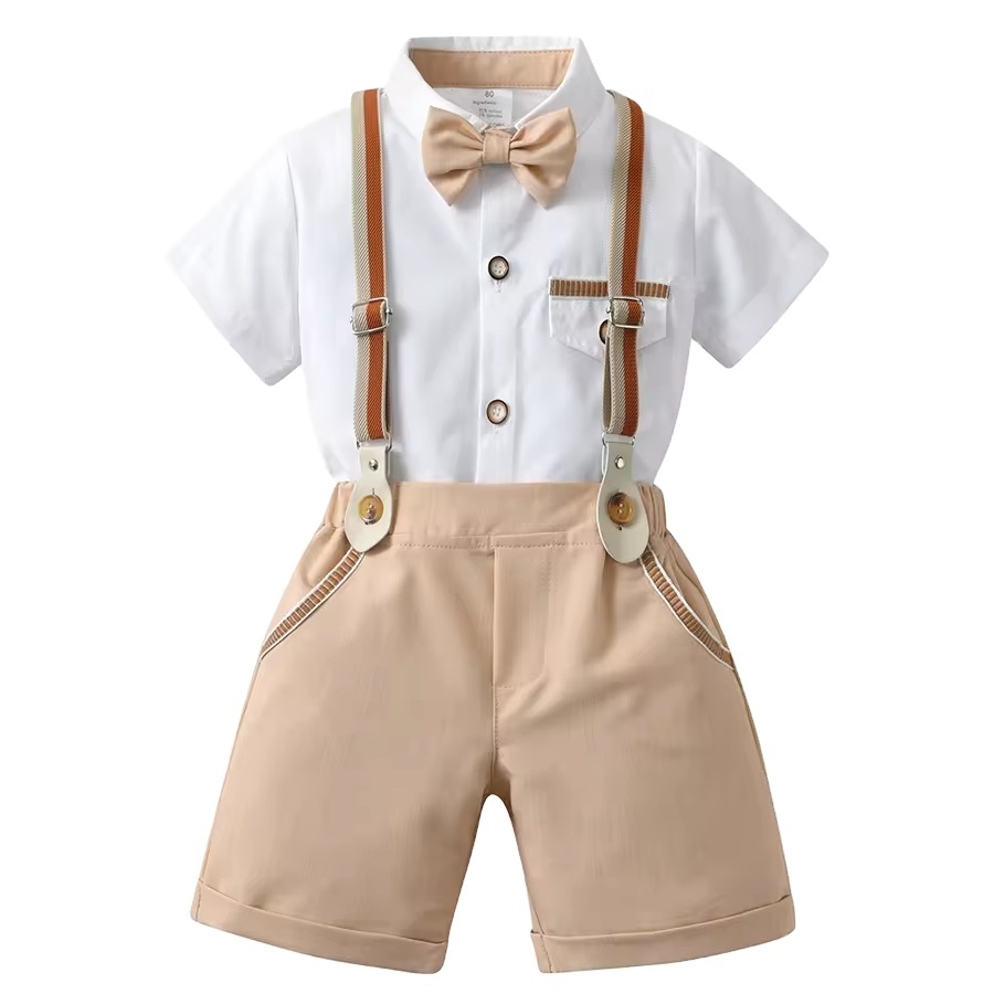 Wholesale Summer New Baby England Gentleman Boy's Clothing Sets Two-Piece Suit Including Backpack and Pants for Kids