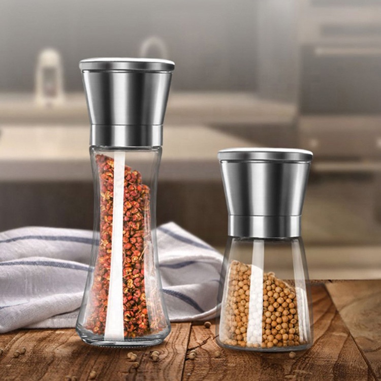 Оптовая продажа ручной 180 мл 6oz приправы стеклянные бутылки соль перец мельница с мельницы и крышка из нержавеющей стали