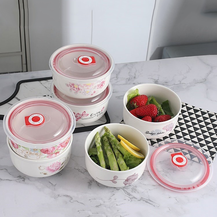 Decal printing porcelain leakproof 3pcs ceramic bowl with lid ramen bowl ceramic lid cute