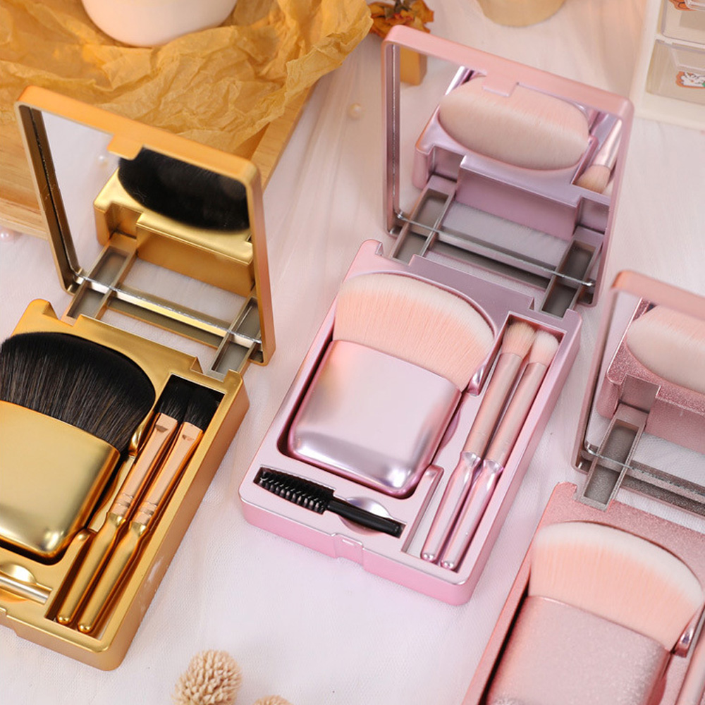 New 4Pcs Makeup Brushes Set Cosmetic Powder Eye Shadow Blush Eyebrow Brush Cosmetic Brushes Kit With Travel Case And Mirror