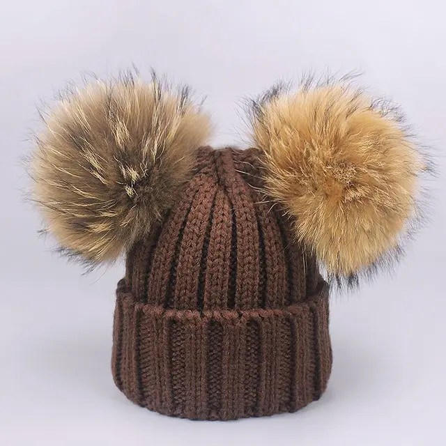 New Arrival Racoon Fur Pom Pom Hat Daily Life Colorful Fur Poms Winter Newest Cute Hats Knitted Wool Hat Cute Hipster