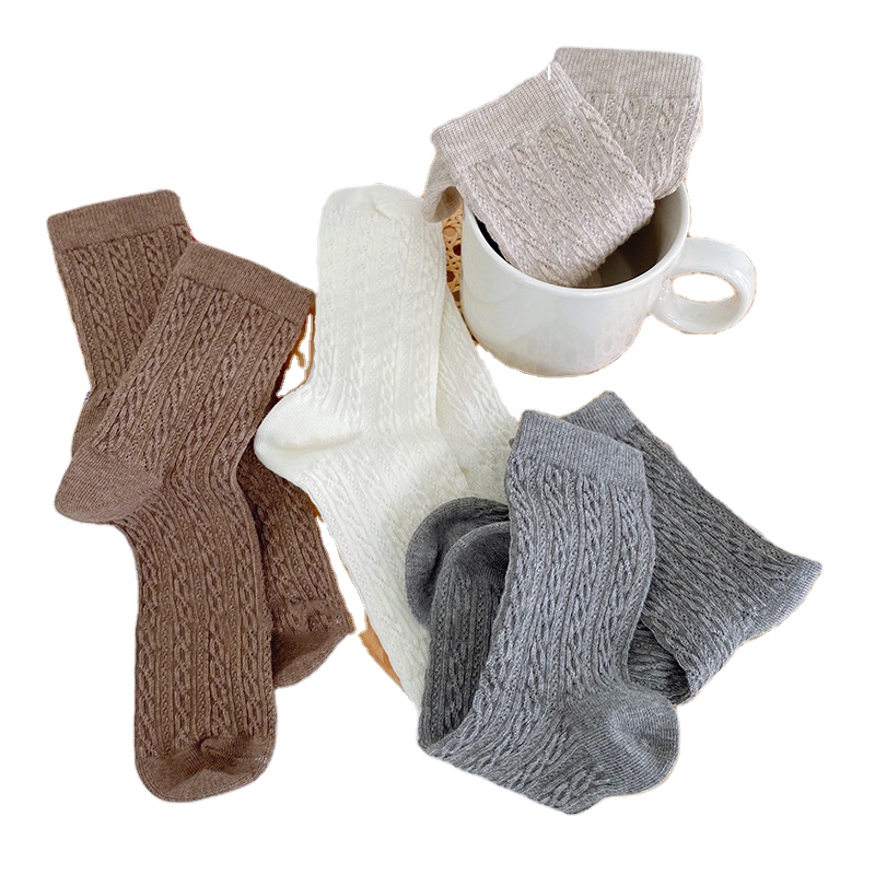 Retro fashion Korean linen pattern autumn and winter pure cotton plain women's socks
