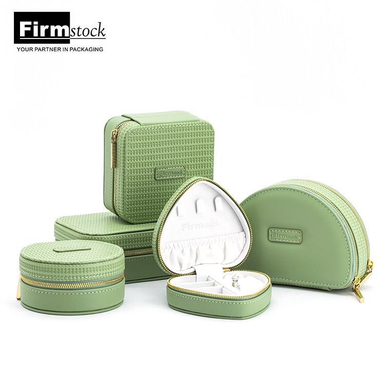 Luxury Custom Storage Gift Organizer Travel Zipper Boxes Velvet Green Round Shape Heart-shaped portable Jewelry Box Leather