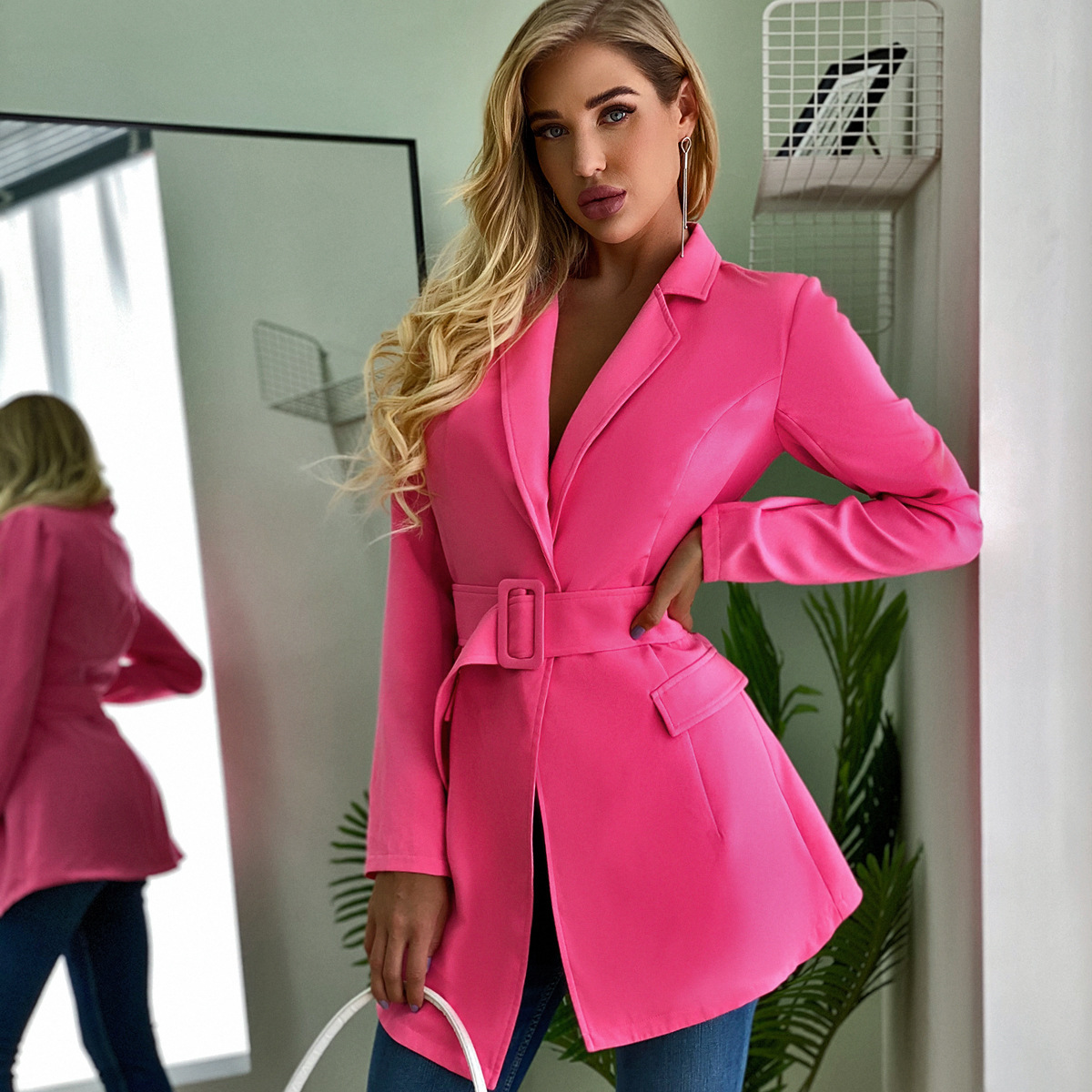 Wholesale Hot Pink Purple Sexy Women Suit Dress with Belt, Deep V neck Draw Back Women Slim Blazer