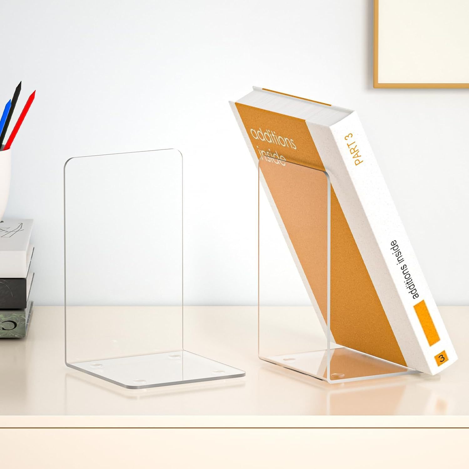 Clear Book Ends for Heavy Books,Plastic Heavy Duty Book Holders Stand and Invisible Bookshelf Dividers