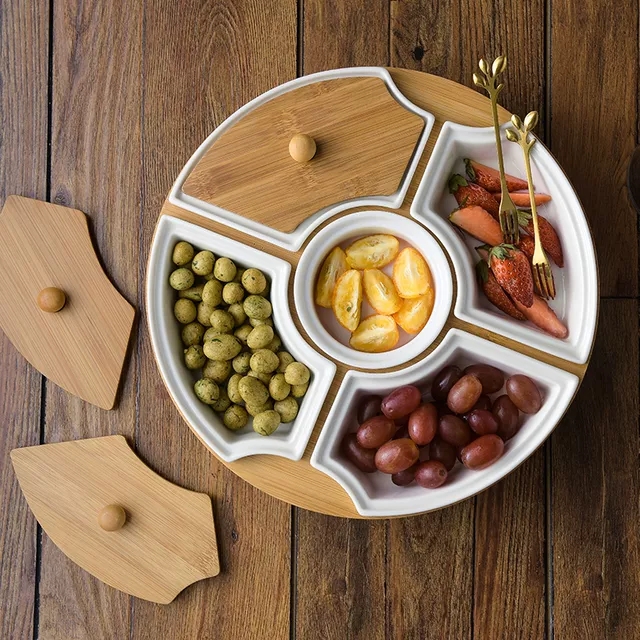 Modern New Design Custom Irregular Dried Fruit Tapas Ceramic Serving Dish With Wooden Tray And Lid