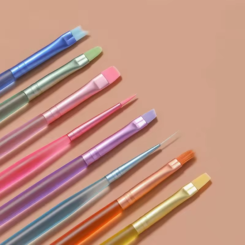 Custom OEM Nail Art Brushes Colorful Clear Crystal Handle 8PCS DIY Nail Brush With Lid