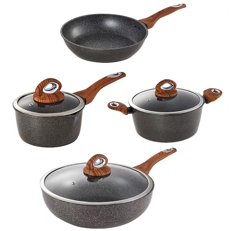 New Forged die casting aluminum cooking pot and pan set 7Pcs Grey stone cookware set with soft touch wooden grain Handle