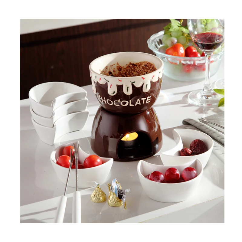 Wholesale Heart Shape Candle Ceramic Colorful Snack Chocolate Melting Pot DIY Cheese Fondue Set