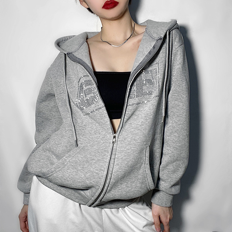 ZC00422 2021Ladies Autumn Winter Casual Sports Hoodie Girl Round Neck Loose Letter Rhinestone Zipper Plus Velvet Sweater Coat