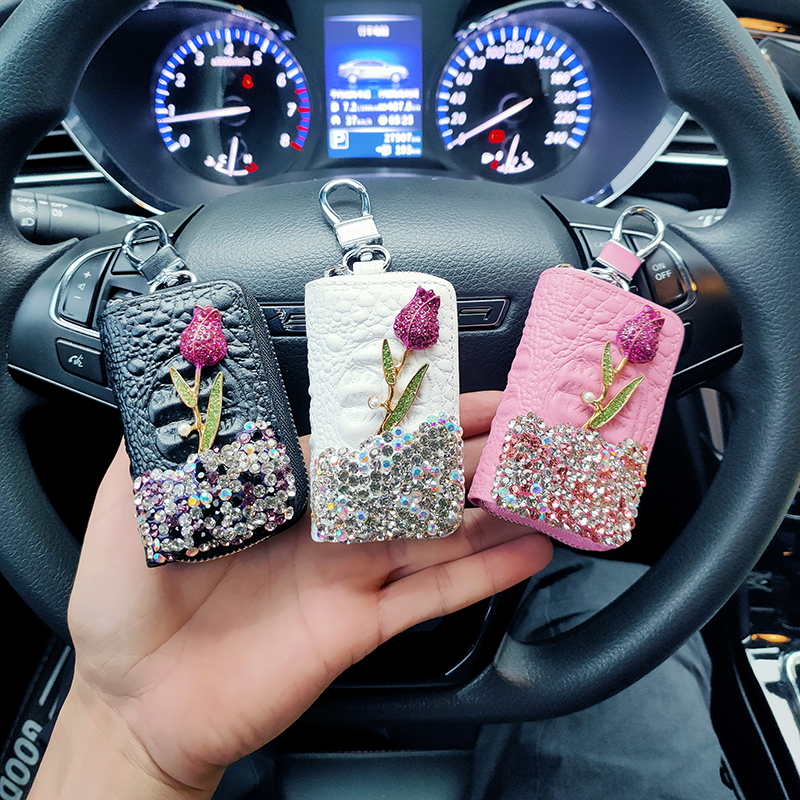 Luxury Flower Car Key Holder Storage Case Rhinestone Keychains Key Cover Remote Key Bag Wallet for BMW Lada Accessories
