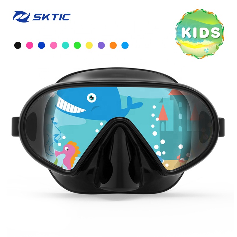 SKTIC Kids Snorkel Mask Black Snorkel Goggles Boys Single Lens Tempered Glass Swimming Mask For Kids Silicone Material