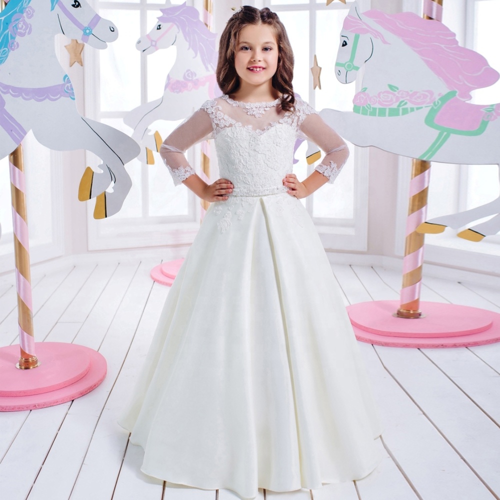 with lace long sleeve ball gown satin flower girls dresses