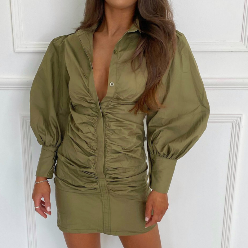 Fashio0n Design Elegant Turn-down Collar Solid Color Office Lantern Sleeve Dress Working Office Women