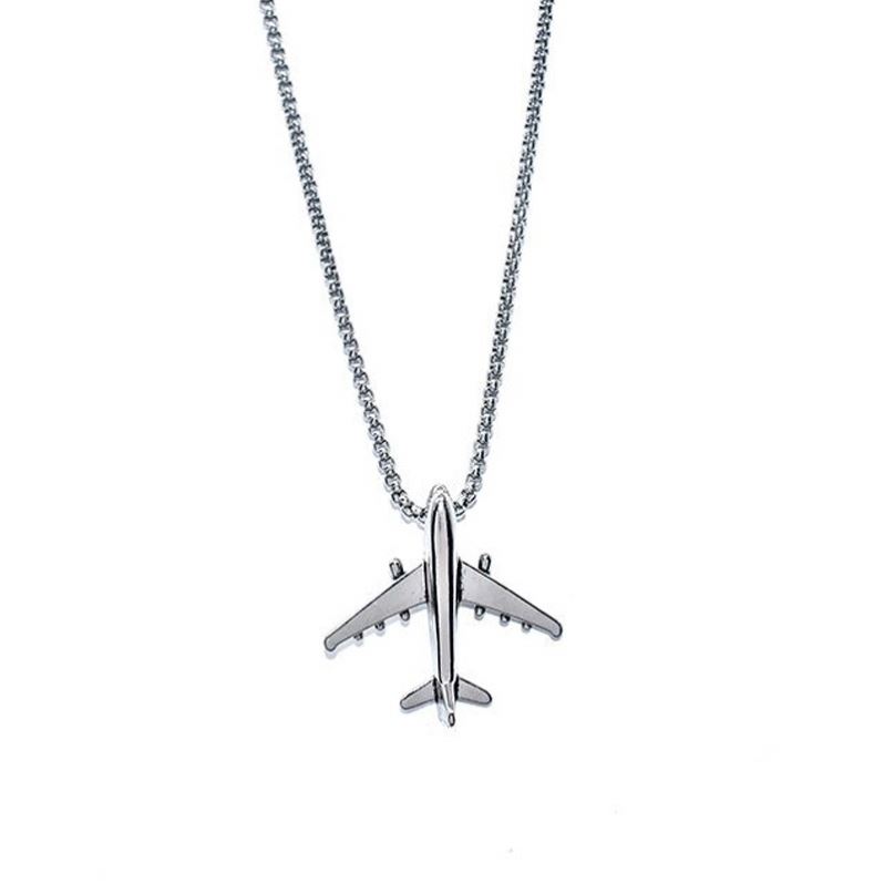 Trendy Titanium Aircraft Plane Box Chain Necklace Stainless Steel Plane Necklace