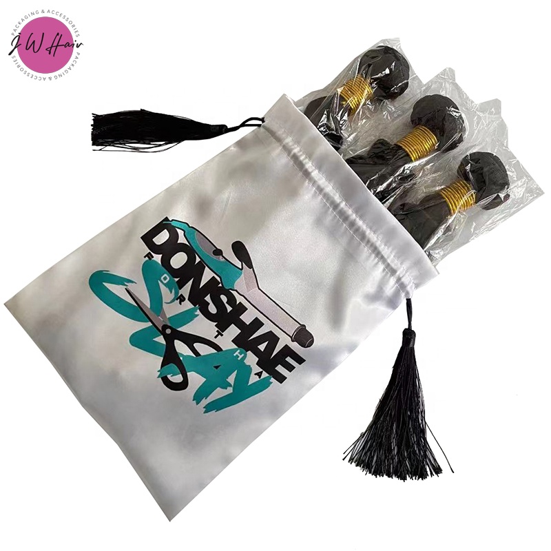 Custom Logo Printed 25x35cm Silk Bag Hair Extension Wig Size Satin Tassel Bag